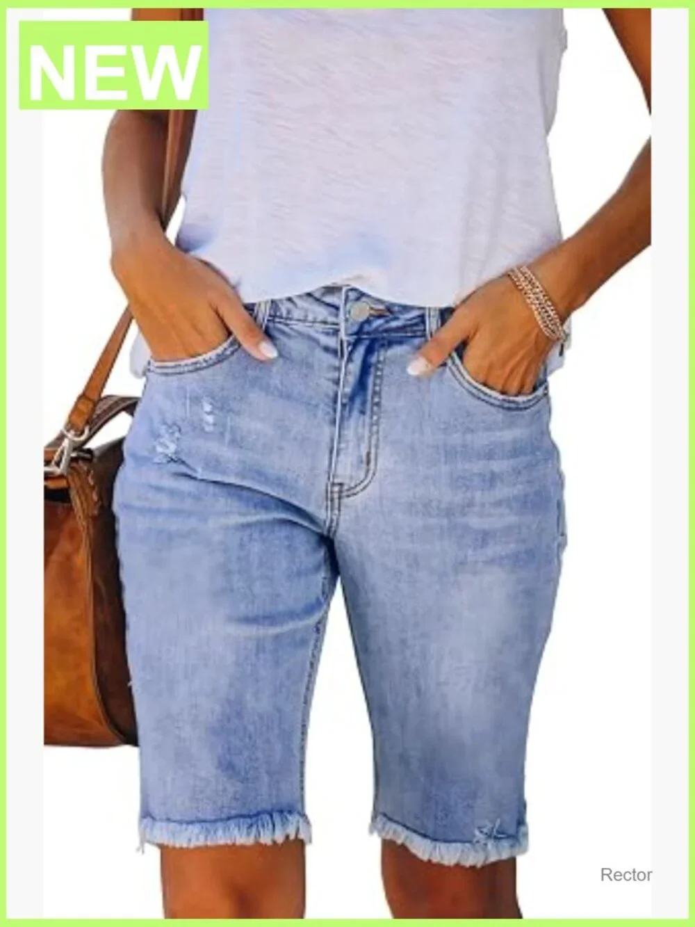 Women's Ripped Denim Bermuda Shorts Casual Summer Mid Waist Stretchy 5 Pockets